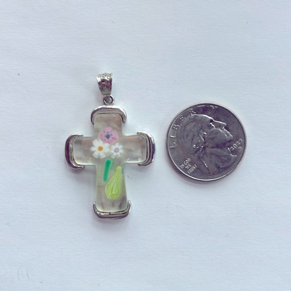 Murano glass made in Italy sterling silver floral cross pendant